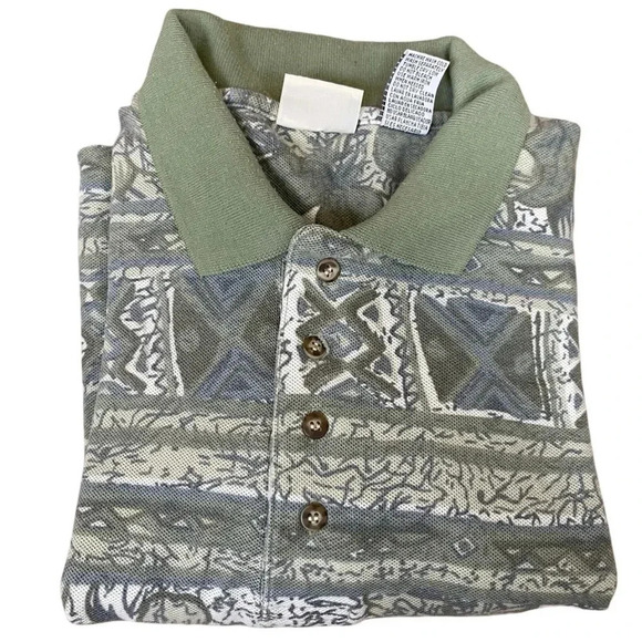 Vintage Bugle Boy Hawaiian Print Polo — Light Green & Tan Floral / 90s / XXL - Picture 2 of 10